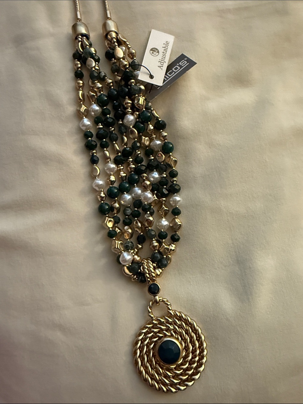 Chico's NWT EMERALD GODDESS Gold Multi-Strand Adjustable Necklace with Pendant